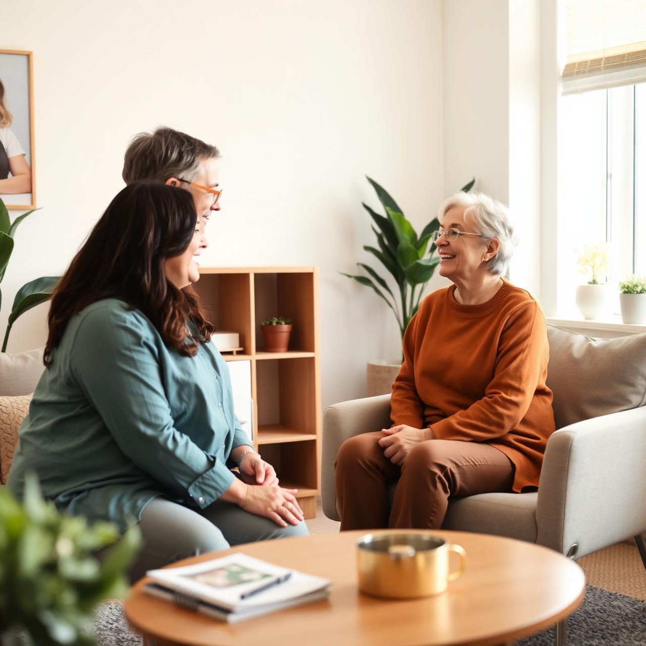 A compassionate conversation in a warm, sunlit room
